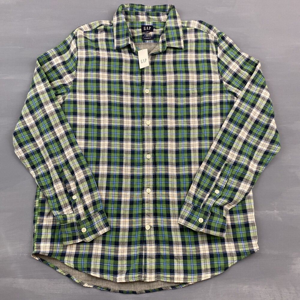 Gap Shirt Mens M Standard Fit Blue Green Plaid Gray Double Faced Soft Flannel